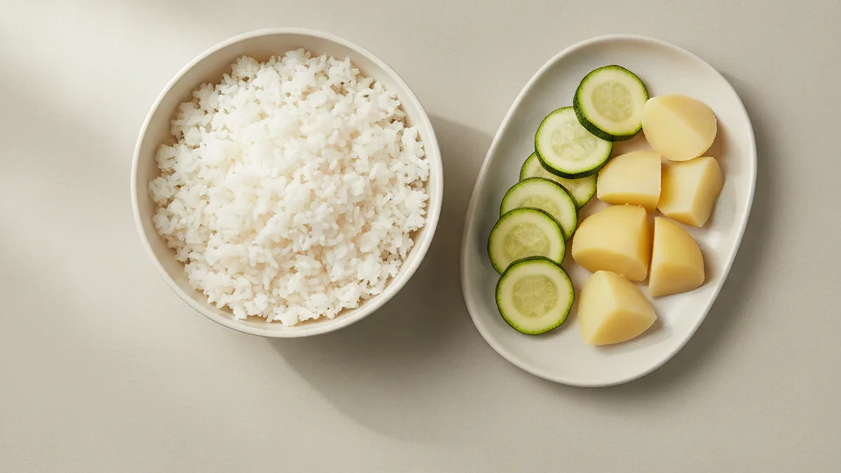Arroz blanco, calabacín y papa cocidos, sin condimentos fuertes